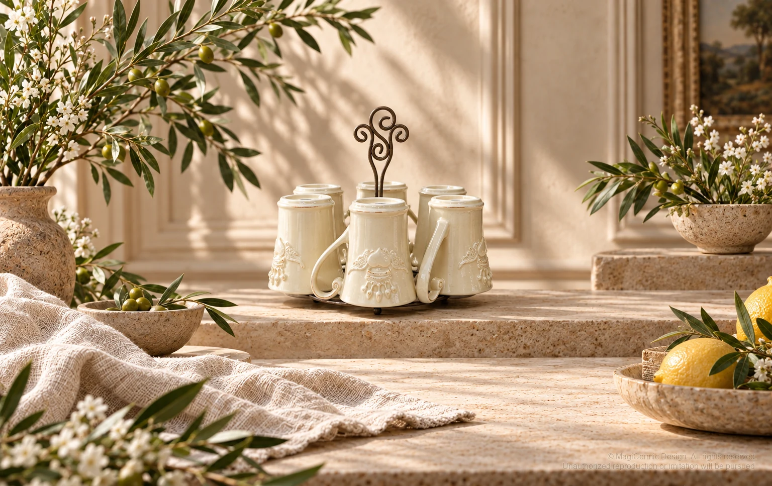 Italian-inspired floral setting of winged crowned heart tableware, kept within one visible motif family