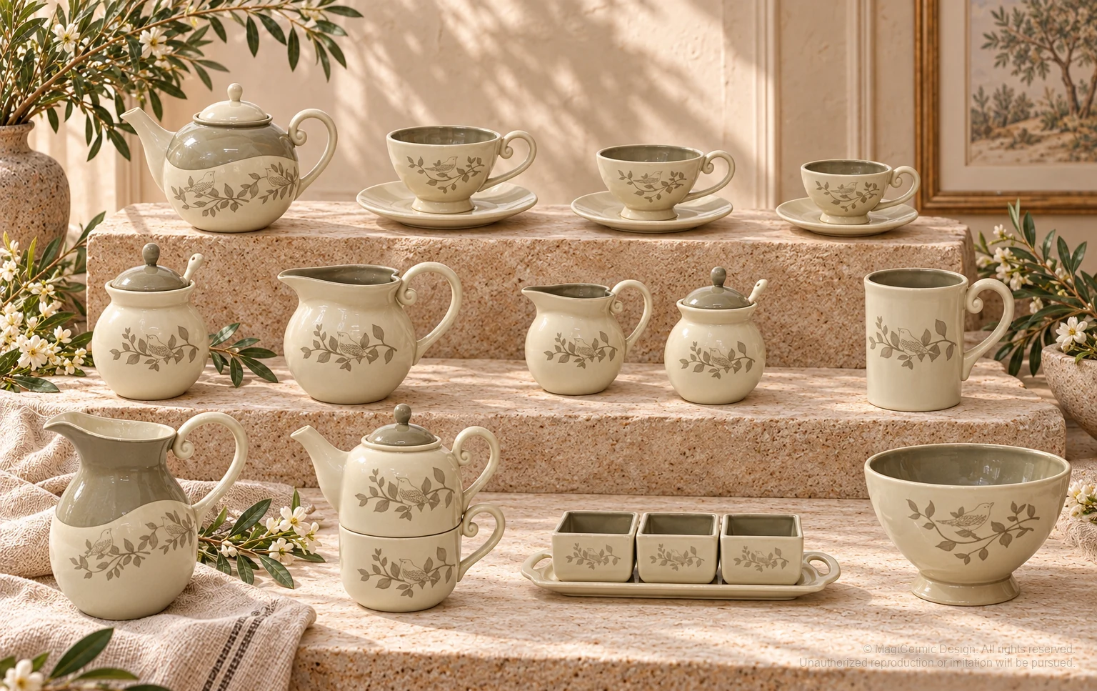 Italian-inspired floral setting of printed bird botanical tableware, kept within one visible motif family