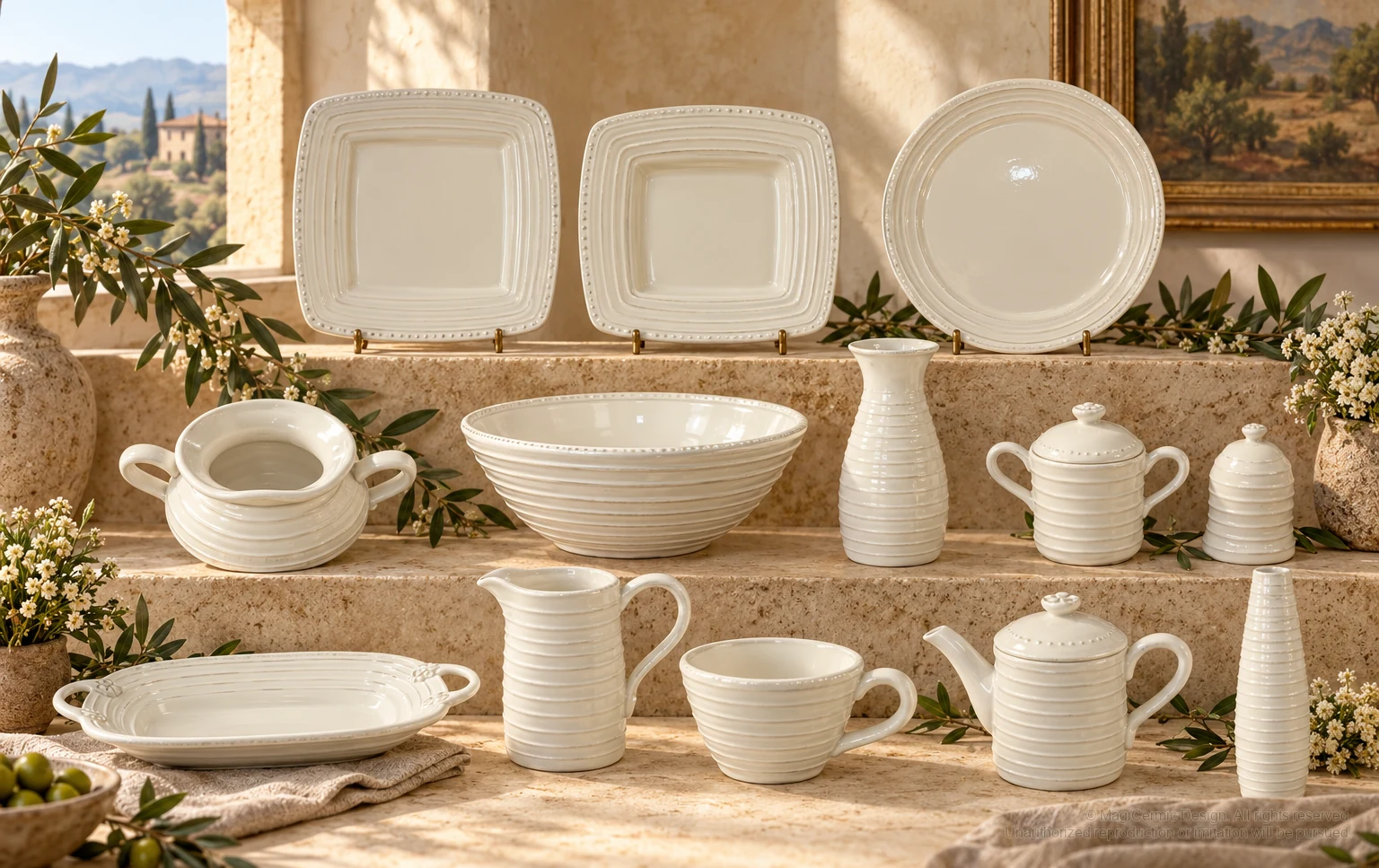 Italian-inspired floral setting of horizontal ring tableware, kept within one visible motif family