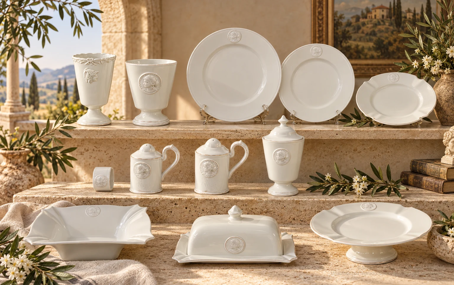 Italian-inspired floral setting of portrait cameo tableware, kept within one visible motif family