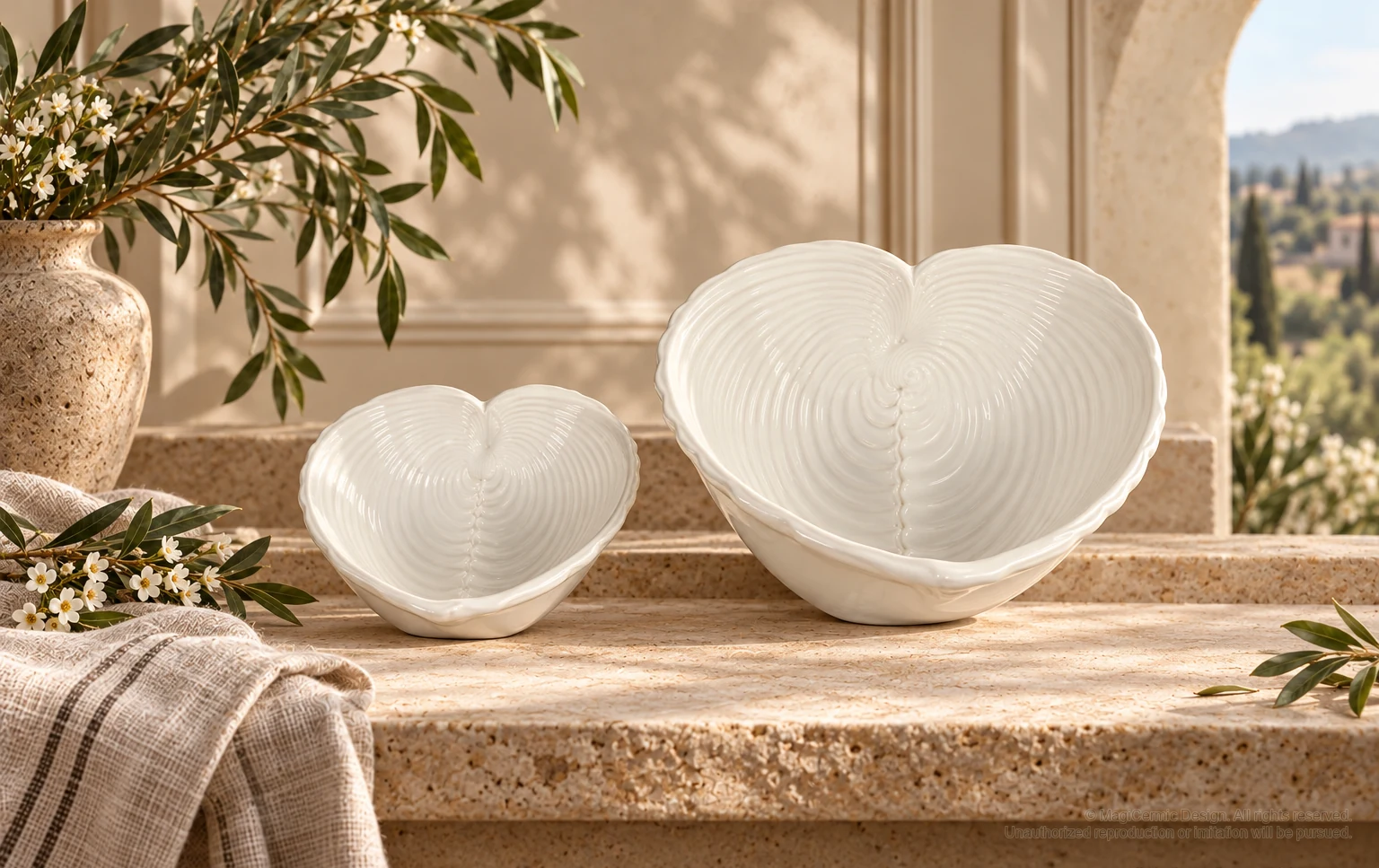 Italian-inspired floral setting of spiral ribbed hearts, kept within one visible motif family