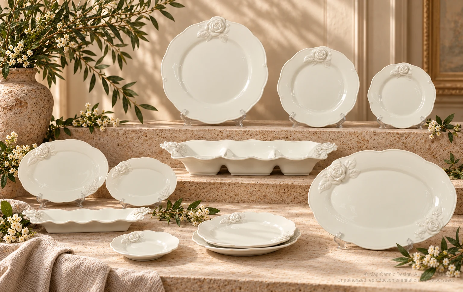 Italian-inspired floral setting of rose relief serveware, kept within one visible motif family