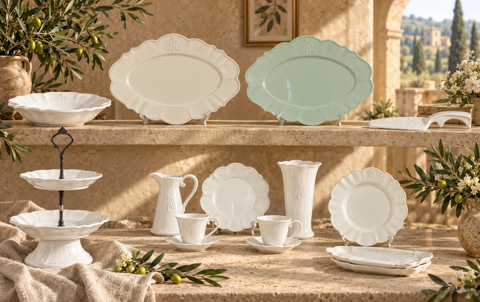 Italian-inspired floral setting of monogram service, kept within one visible motif family