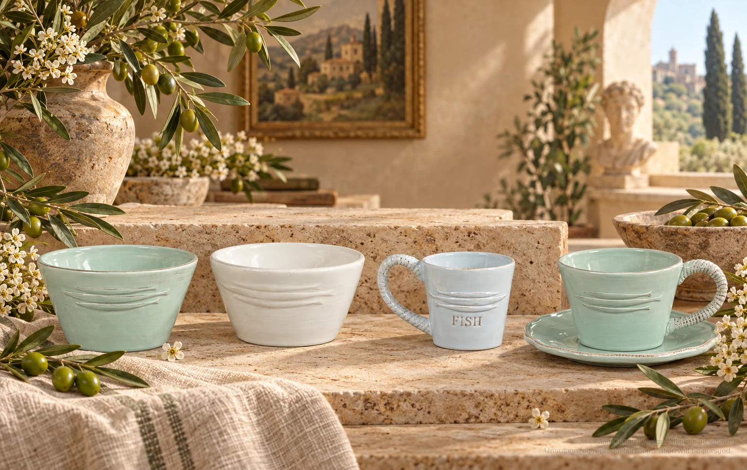 Italian-inspired floral setting of fish rope handle tableware, kept within one visible motif family