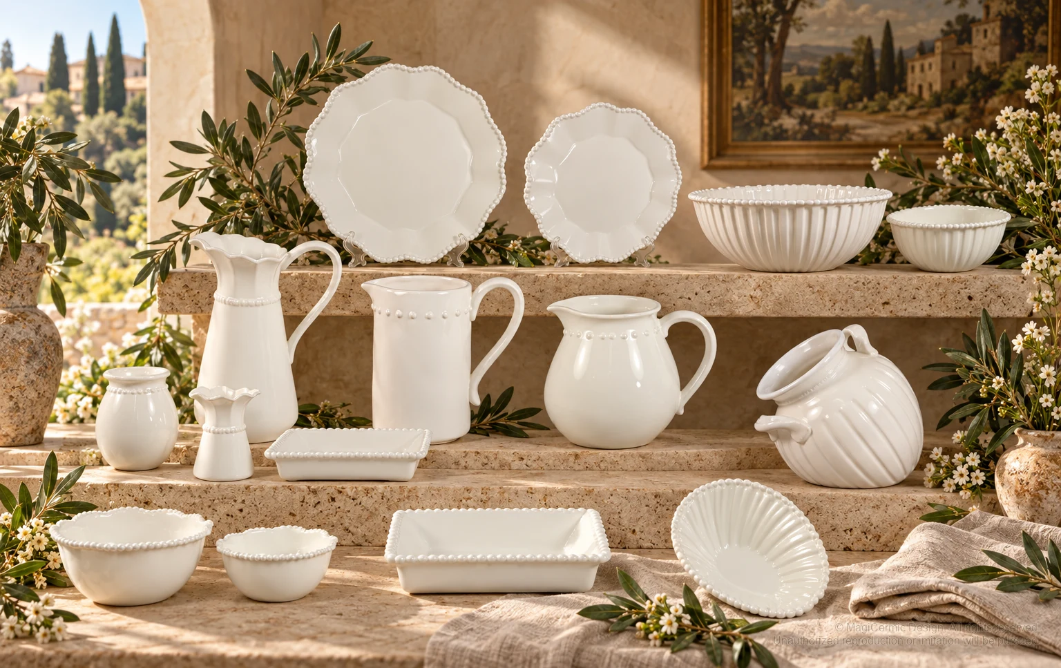 Italian-inspired floral setting of pearl rim tableware, kept within one visible motif family