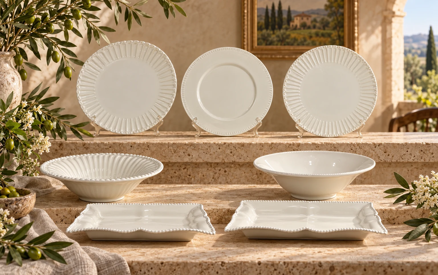 Italian-inspired floral setting of pearl rim tableware, kept within one visible motif family