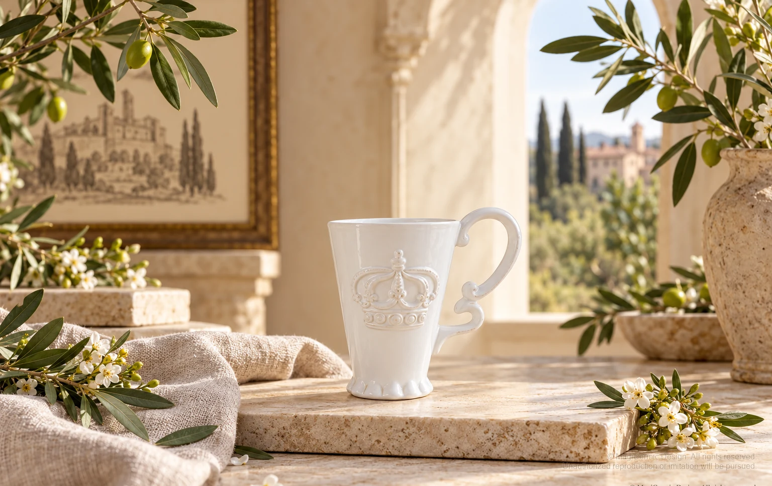 Italian-inspired floral setting of crown relief tableware, kept within one visible motif family