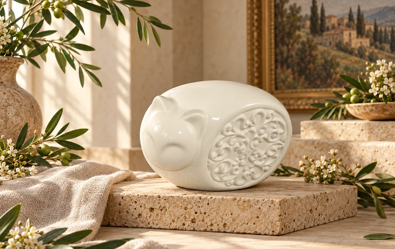 Italian-inspired floral setting of scroll disc animal sculptures, kept within one visible motif family