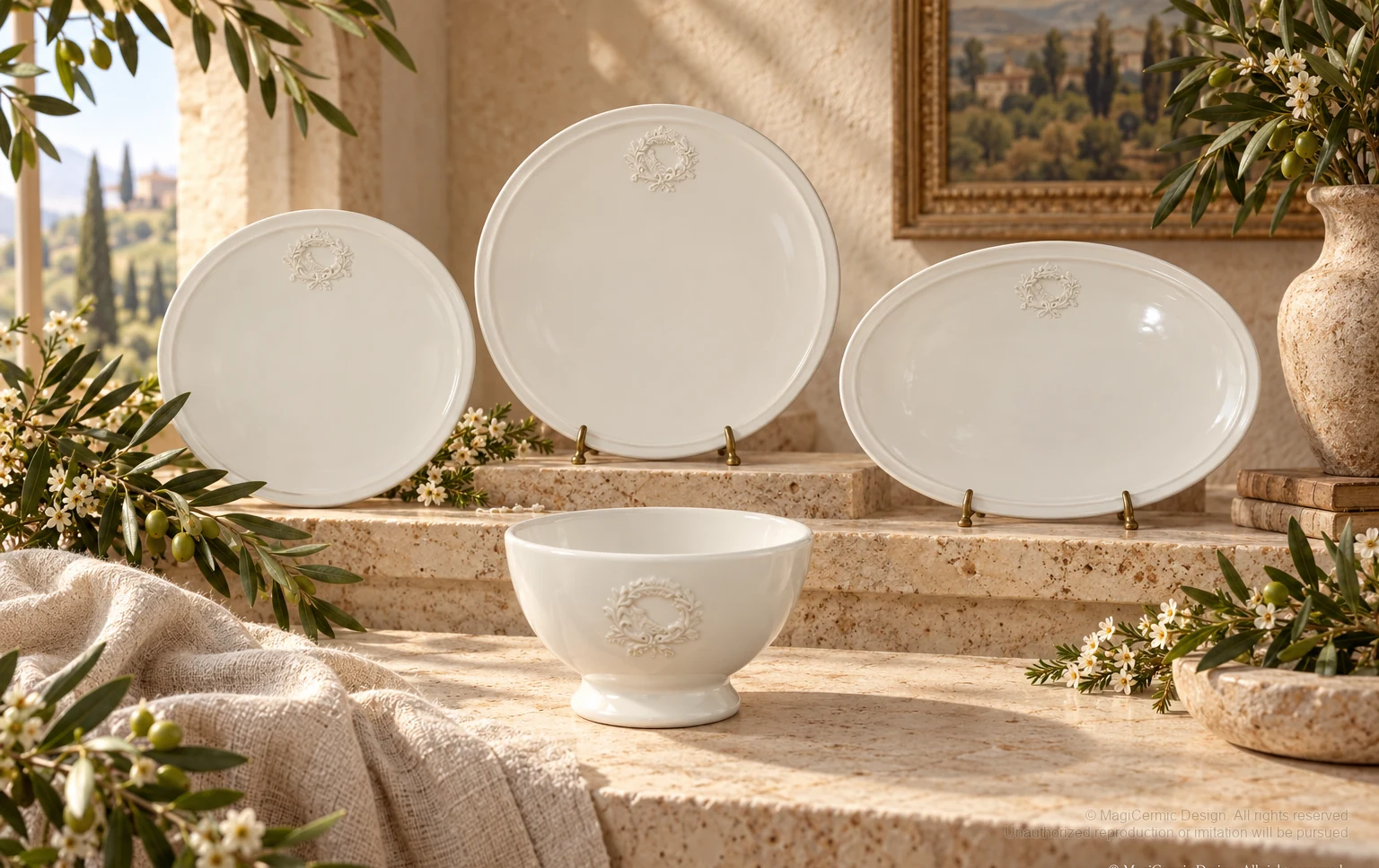 Italian-inspired floral setting of bird wreath service, kept within one visible motif family