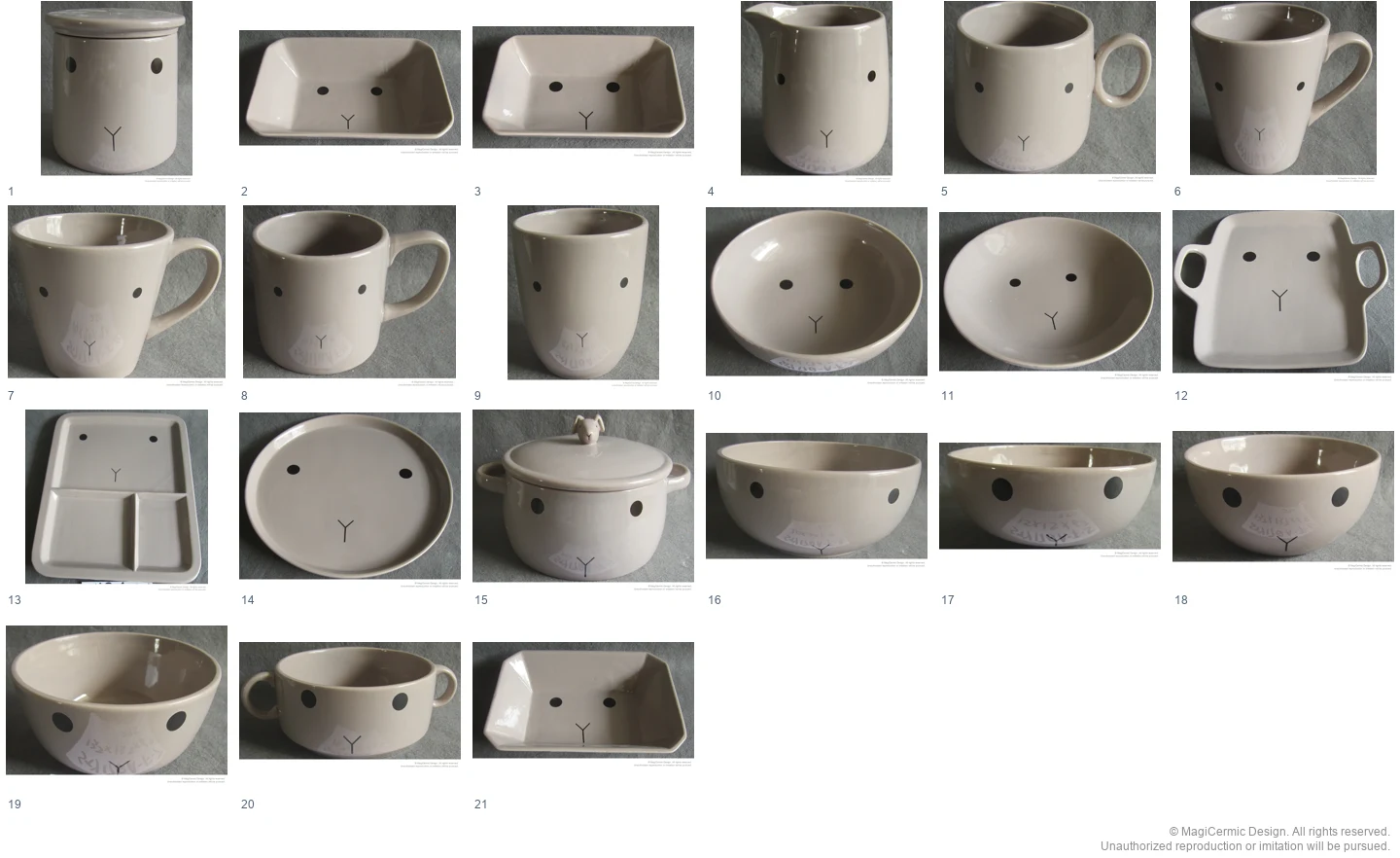 Complete original product reference board for Grey Dot Face, page 1