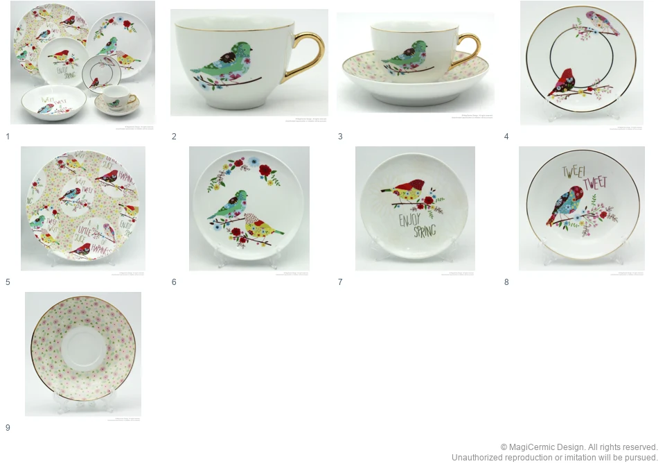 Complete original product reference board for Patchwork Birds, page 1