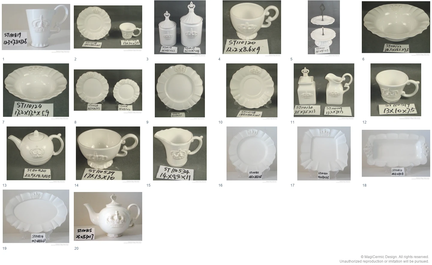 Complete original product reference board for Crown relief tableware, page 1