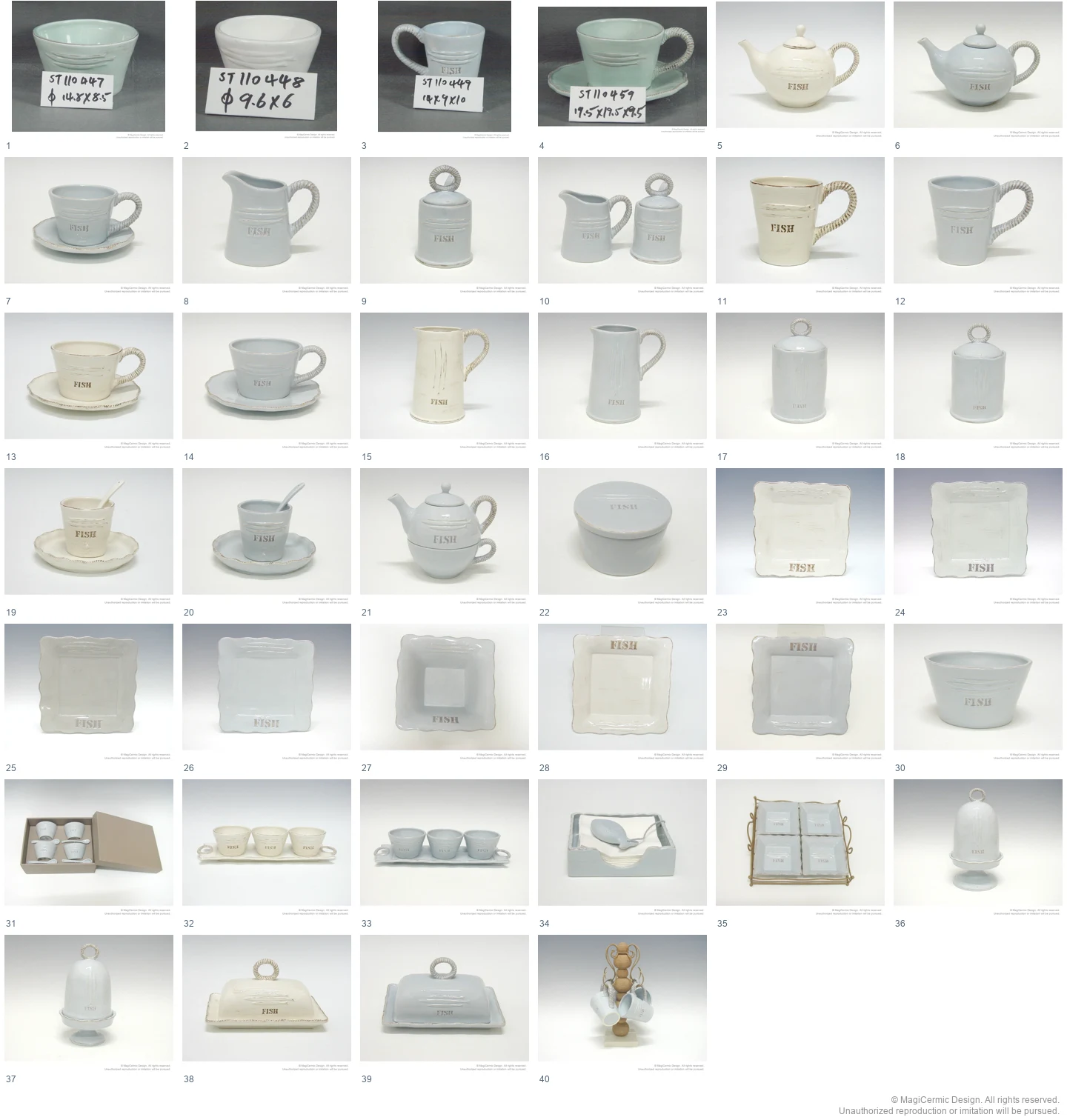 Complete original product reference board for FISH rope handle tableware, page 1
