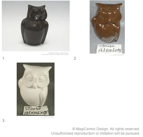 Complete original product reference board for Glossy sculptural owl vessels, page 1