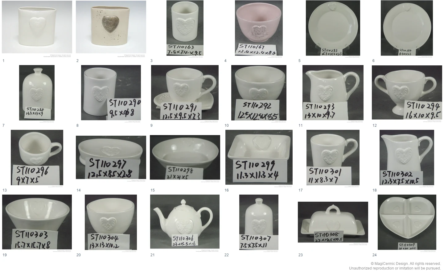 Complete original product reference board for Heart relief tableware, page 1