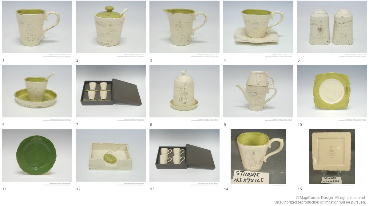 Complete original product reference board for Rustic pineapple tableware, page 1