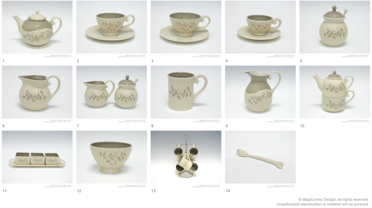 Complete original product reference board for Printed bird botanical tableware, page 1