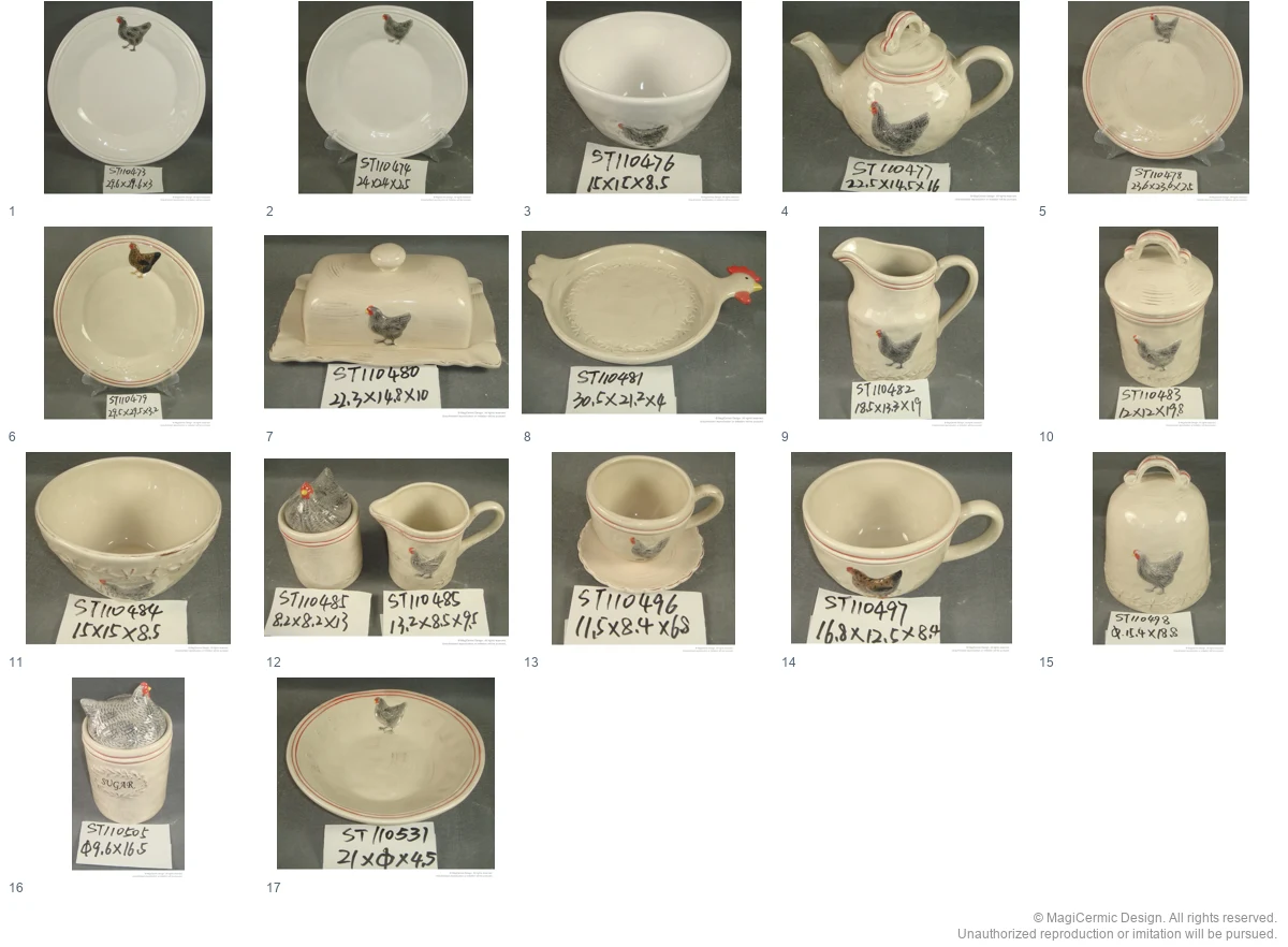 Complete original product reference board for Rustic painted rooster service, page 1