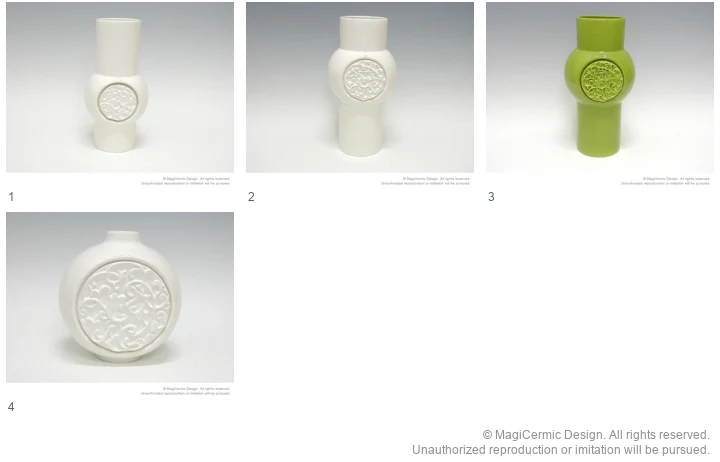 Complete original product reference board for Round scroll medallion vessels, page 1