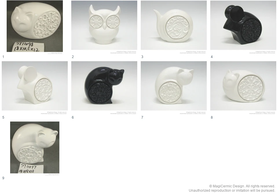 Complete original product reference board for Scroll disc animal sculptures, page 1