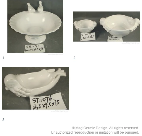 Complete original product reference board for Sculpted bird serveware, page 1