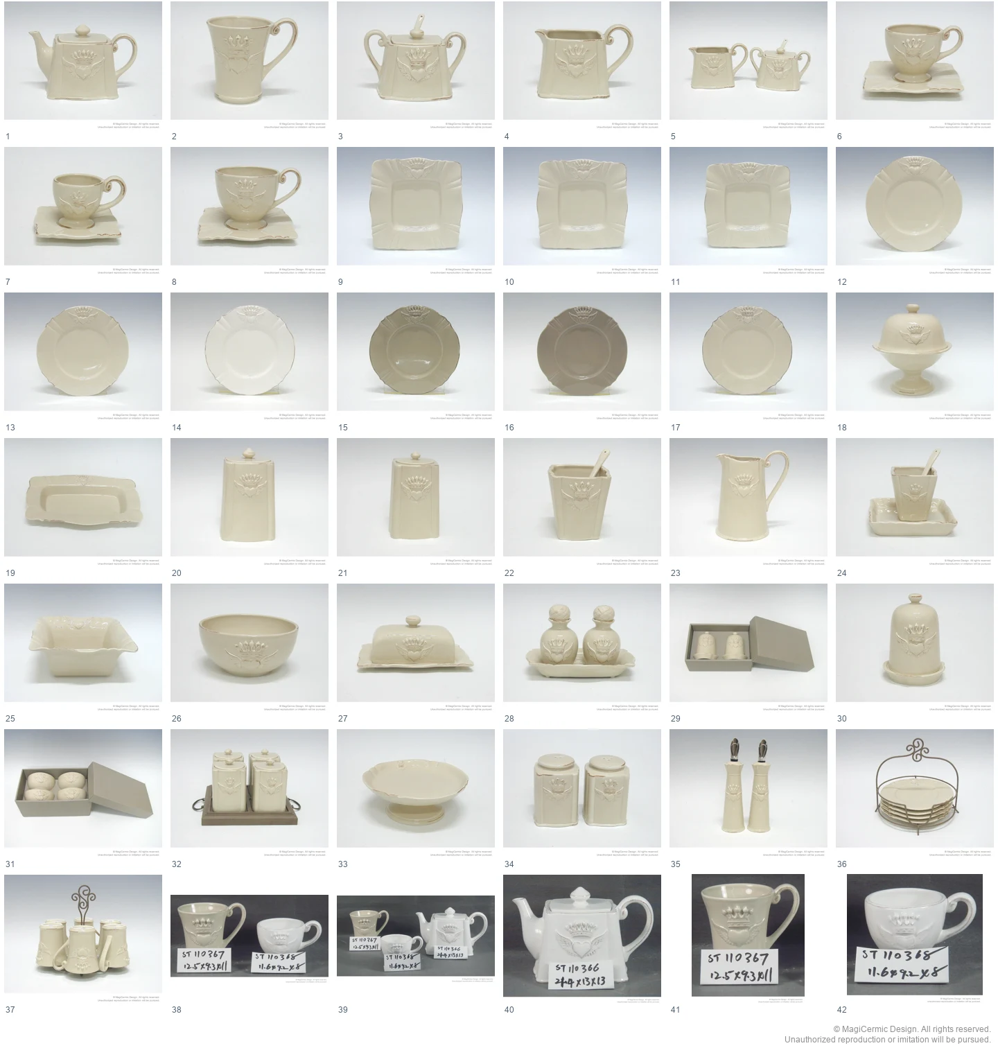Complete original product reference board for Winged crowned heart tableware, page 1