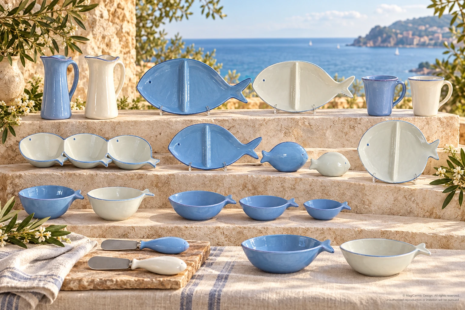 Blue and ivory fish-shaped serving pieces, mugs and pitchers on a sunlit coastal terrace