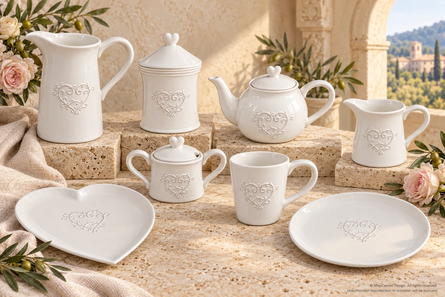 Open scrollwork heart cartouche on smooth white bodies; heart finials. in an Italian-inspired setting