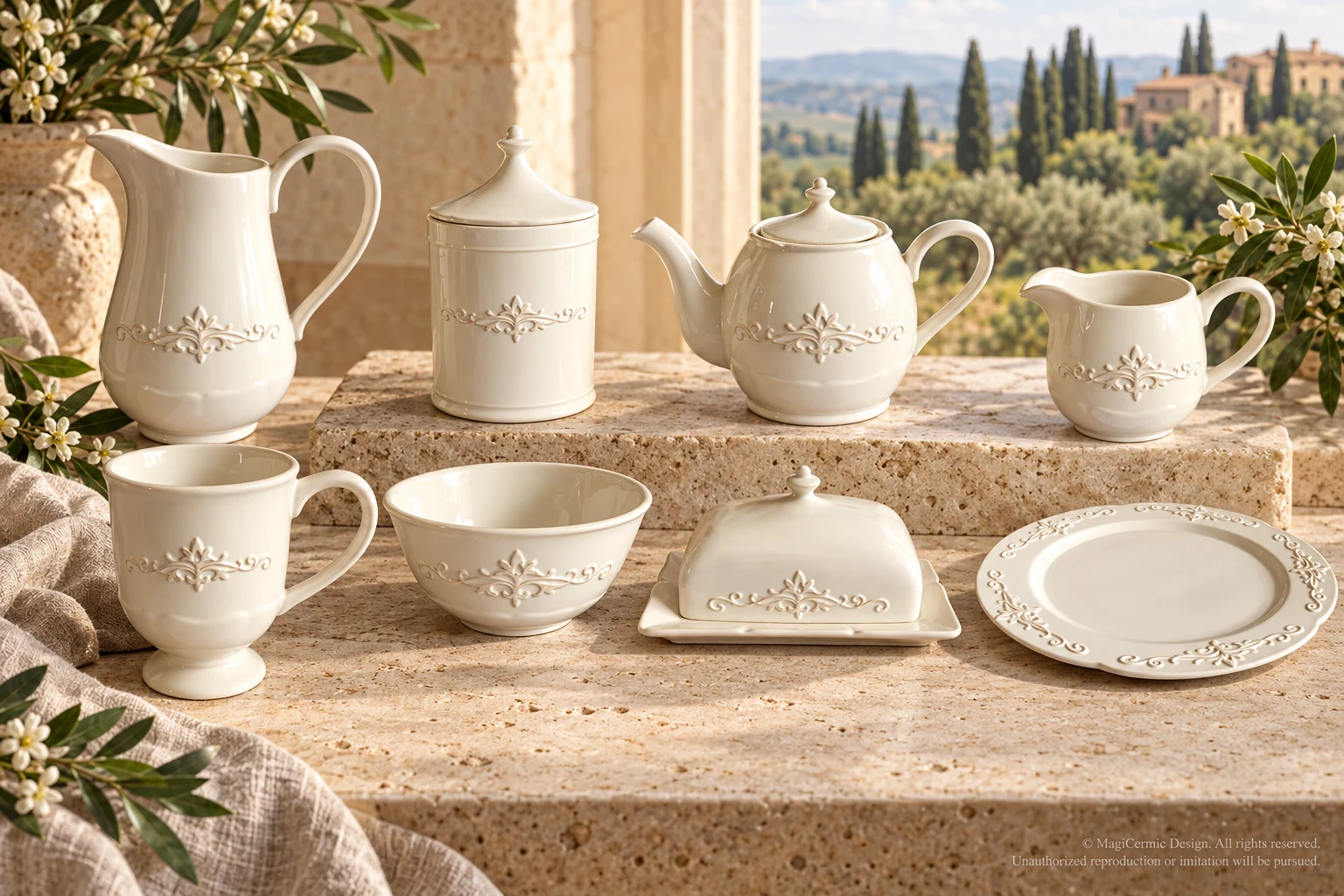 Ivory horizontal fleur-and-scroll band, continuous scroll plate borders; no gold. in an Italian-inspired setting