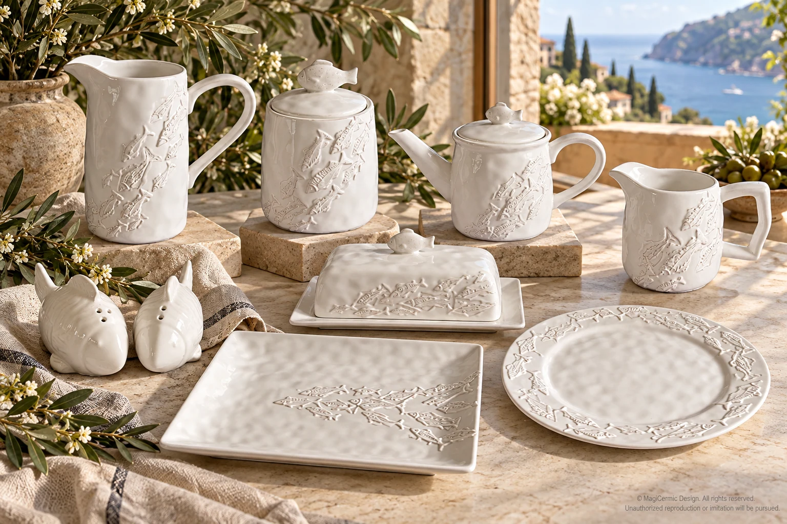 Fish shoals in relief, fish-shaped finials; irregular shallow surface texture. in an Italian-inspired setting