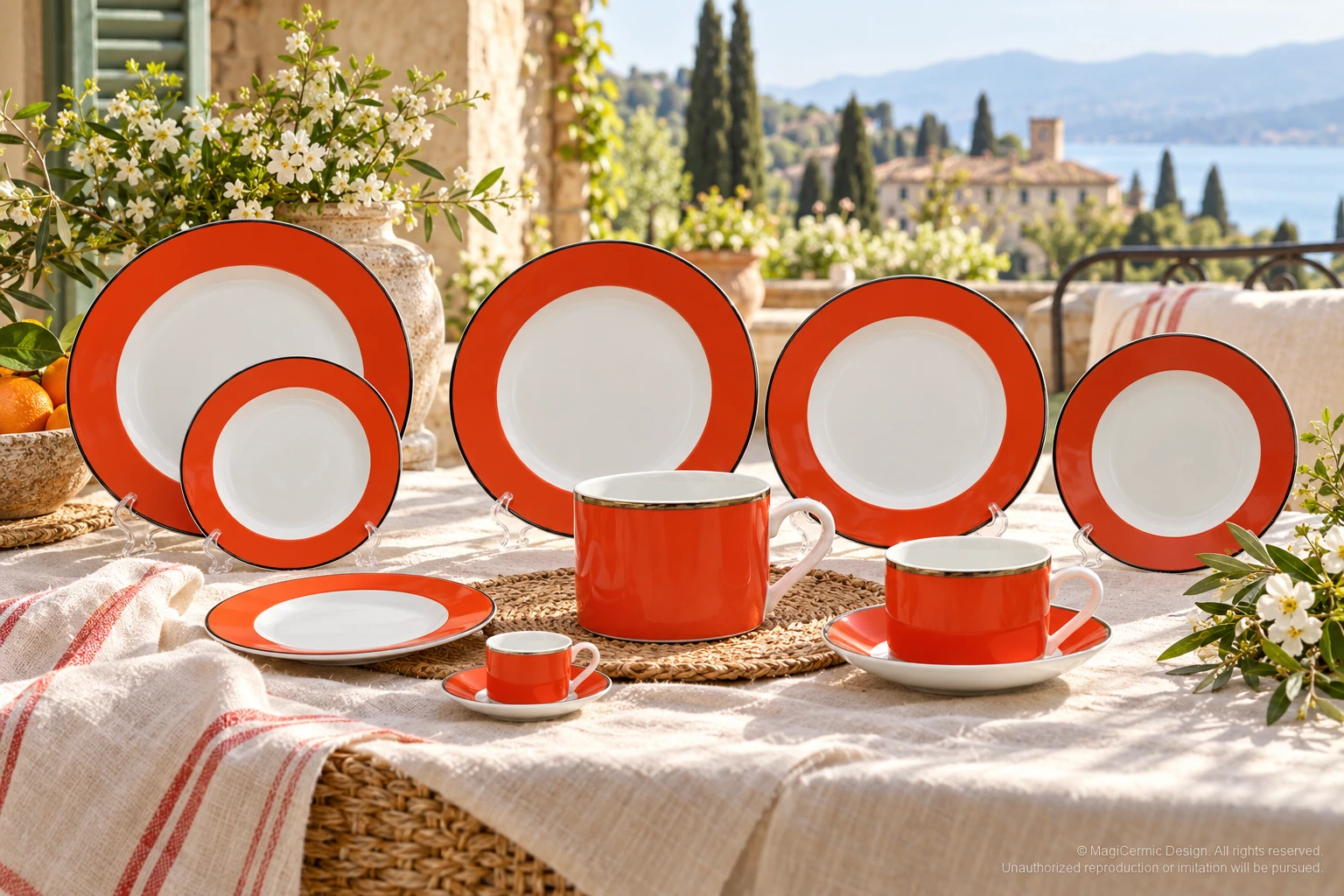 AI styling concept for Orange-Red Color Band; original product reference images govern selected forms and details.