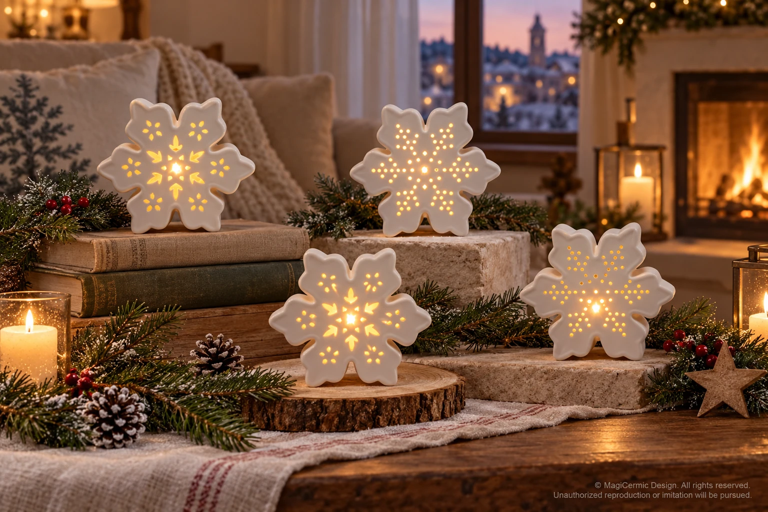 AI styling concept for Snowflakes at Dusk; original product reference images govern selected forms and details.