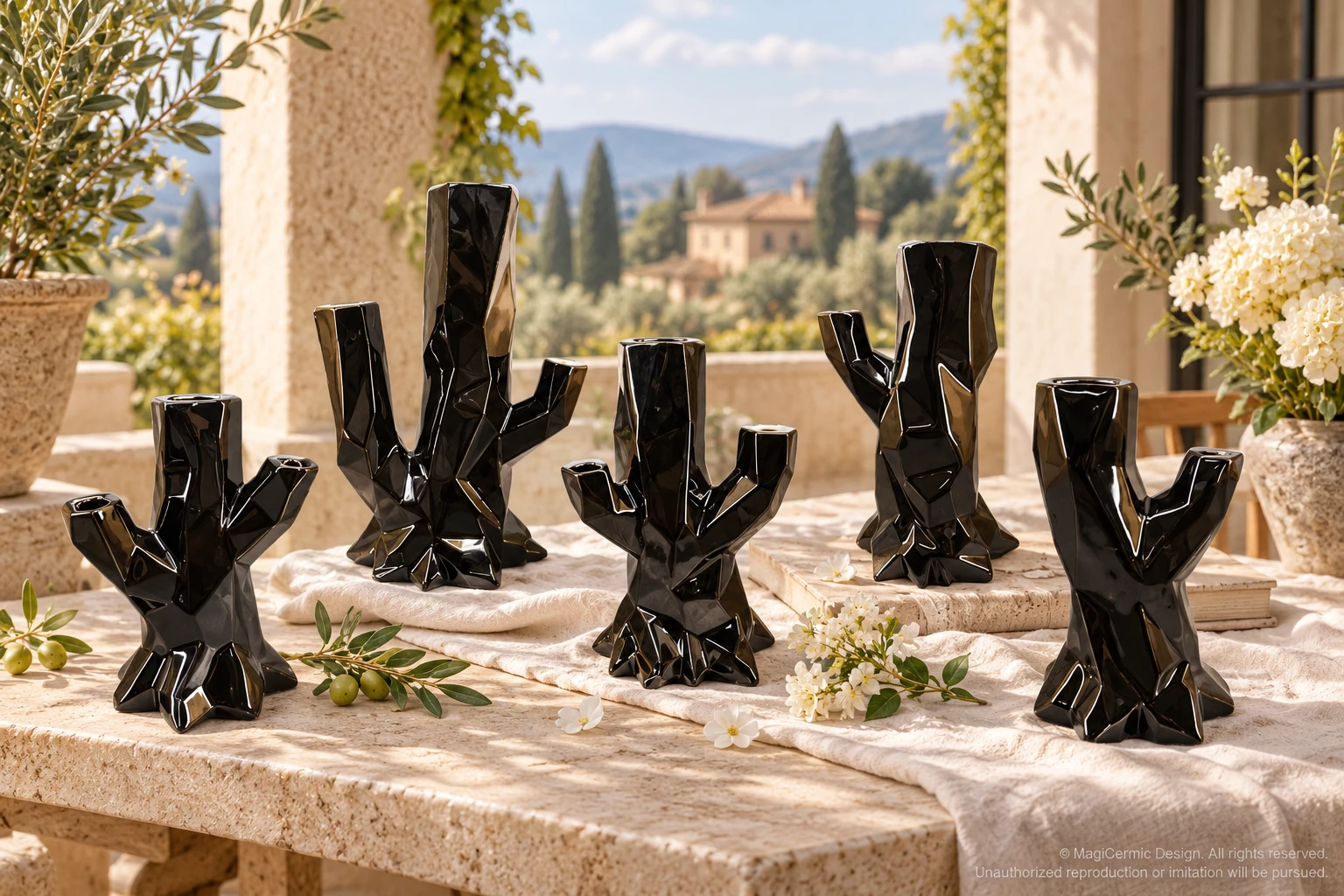 AI styling concept for Faceted Branches; original product reference images govern selected forms and details.
