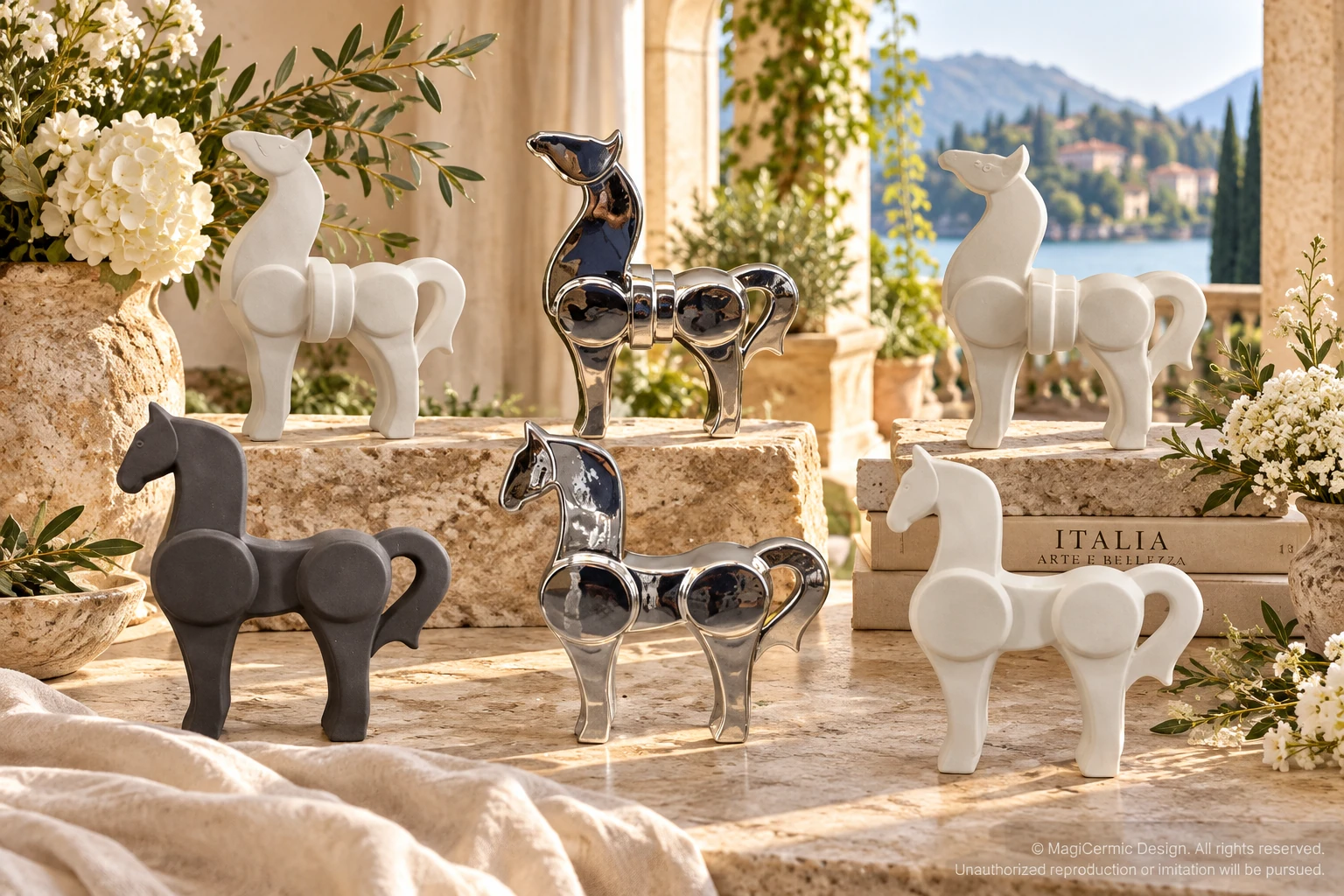AI styling concept for Geometric Horses; original product reference images govern selected forms and details.