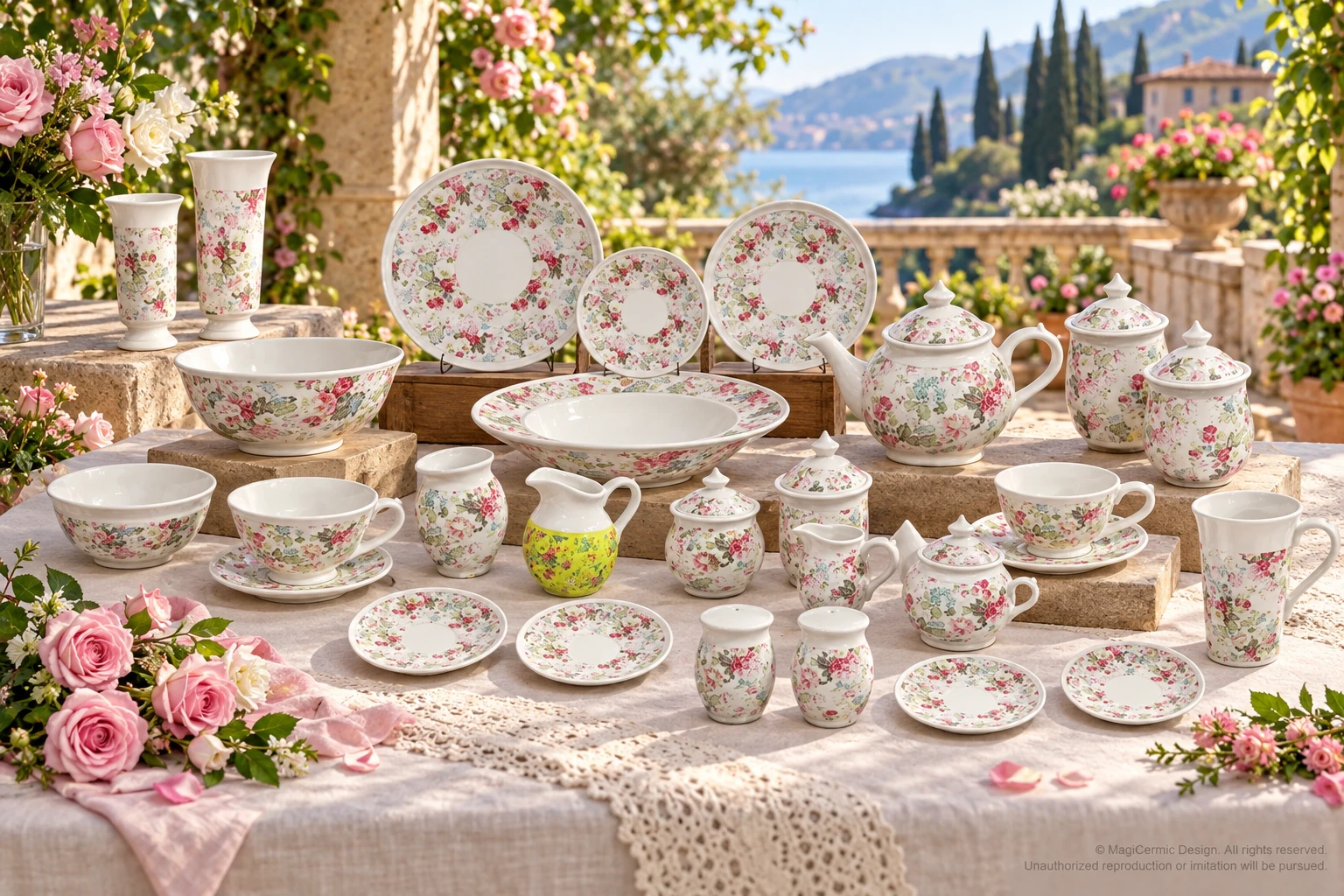 AI styling concept for A Garden Bouquet for Tea; original product reference images govern selected forms and details.