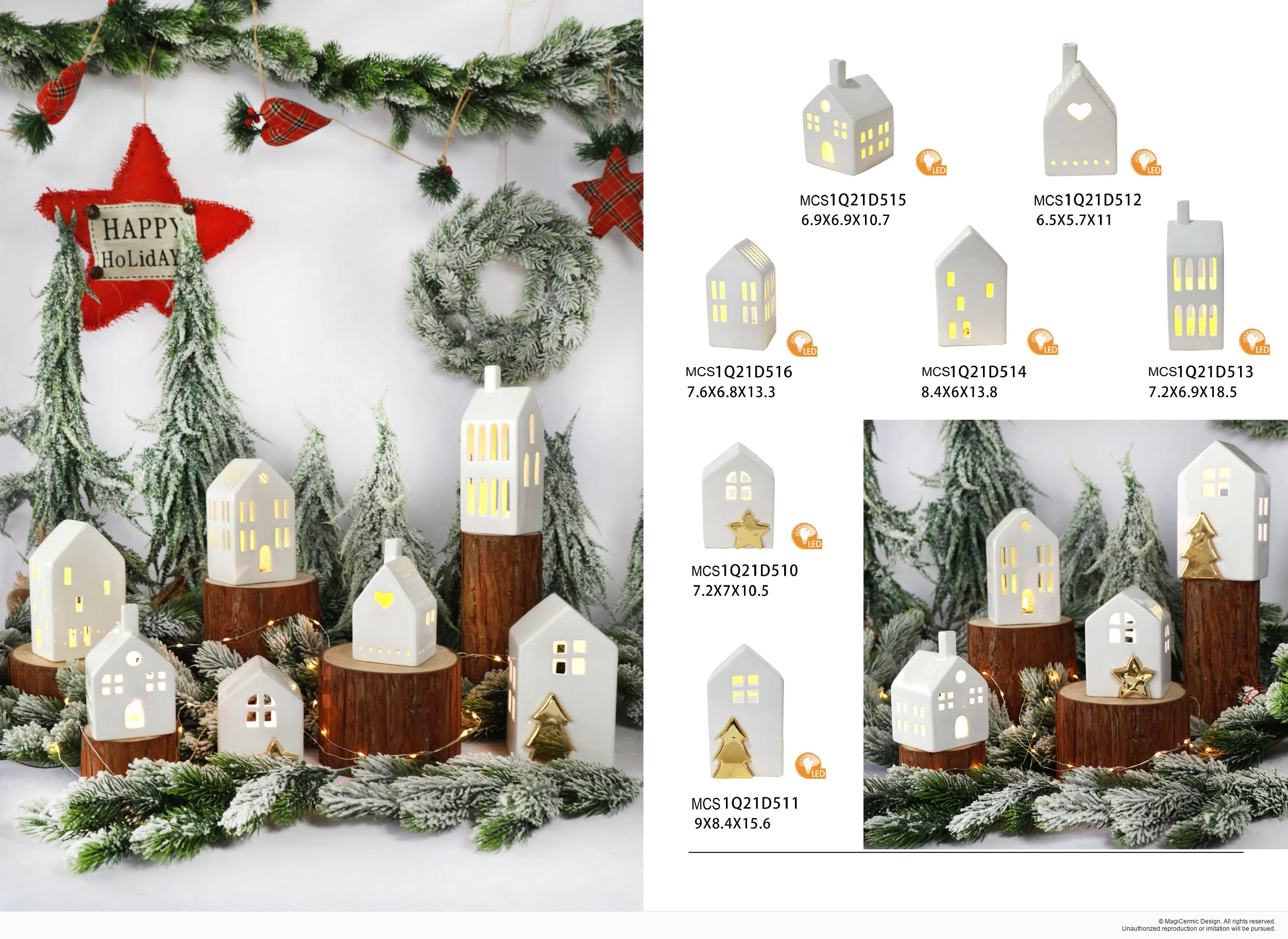 White ceramic houses in a complete MX33 Christmas collection display