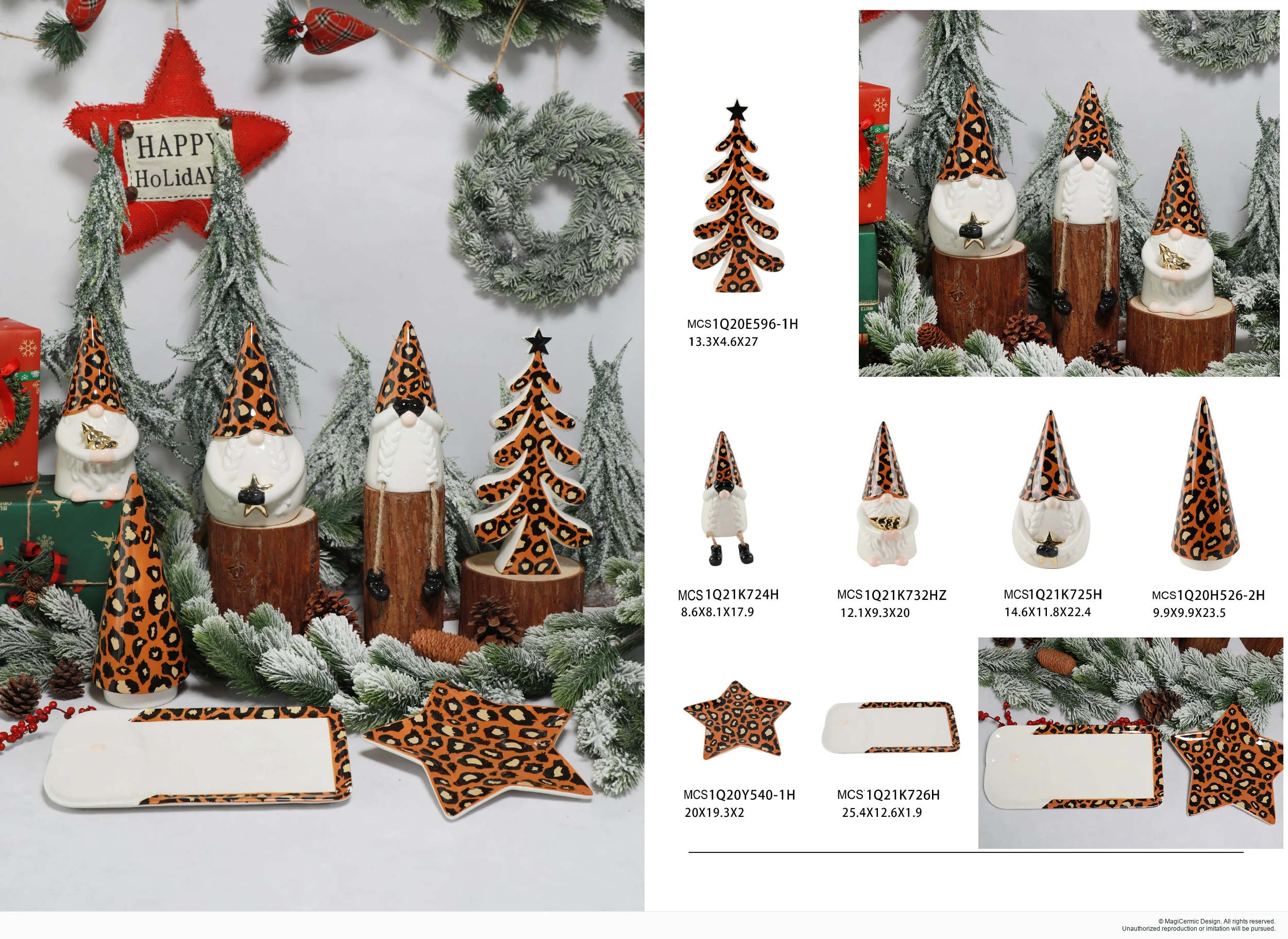 Brown trees and white gnome figures in a complete MX33 Christmas collection display