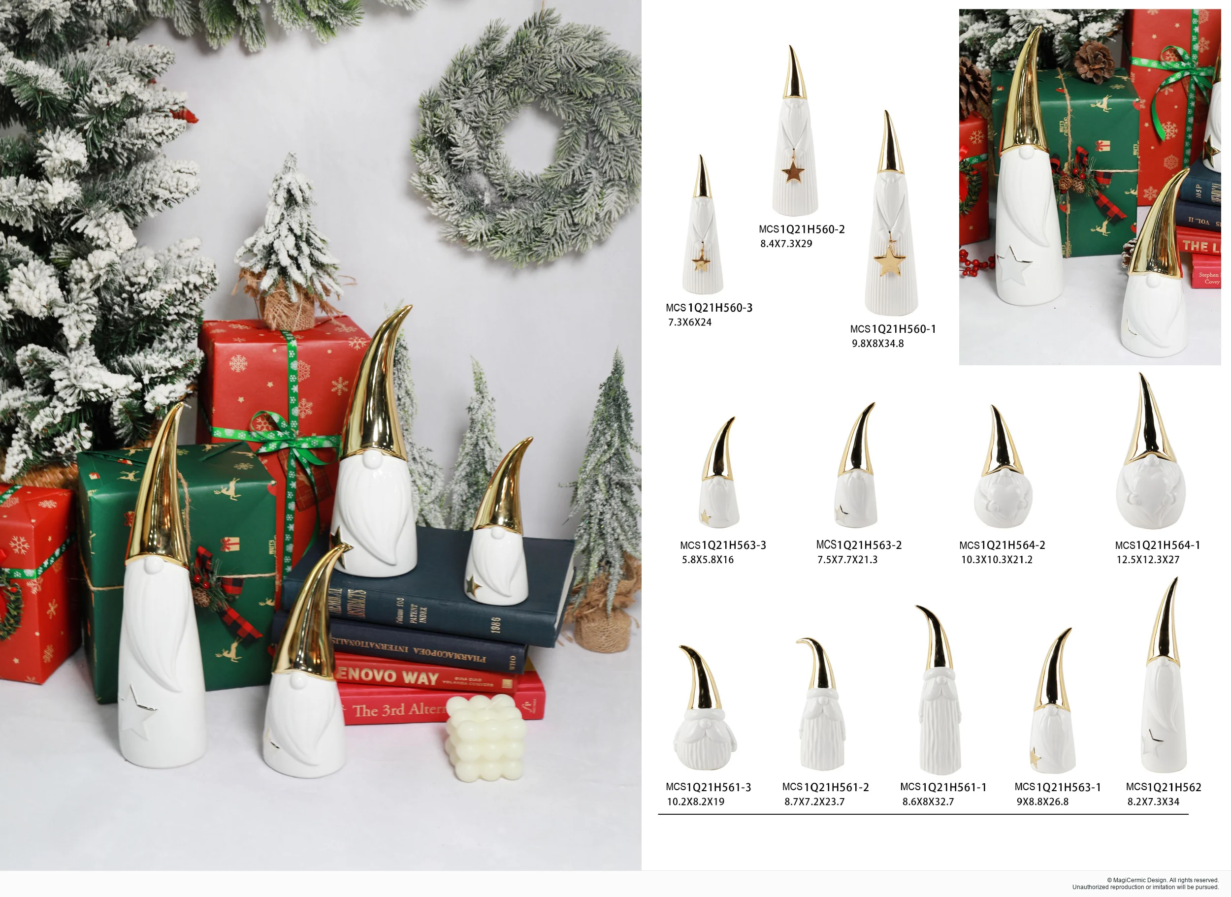 White and gold gnome figures in a complete MX33 Christmas collection display
