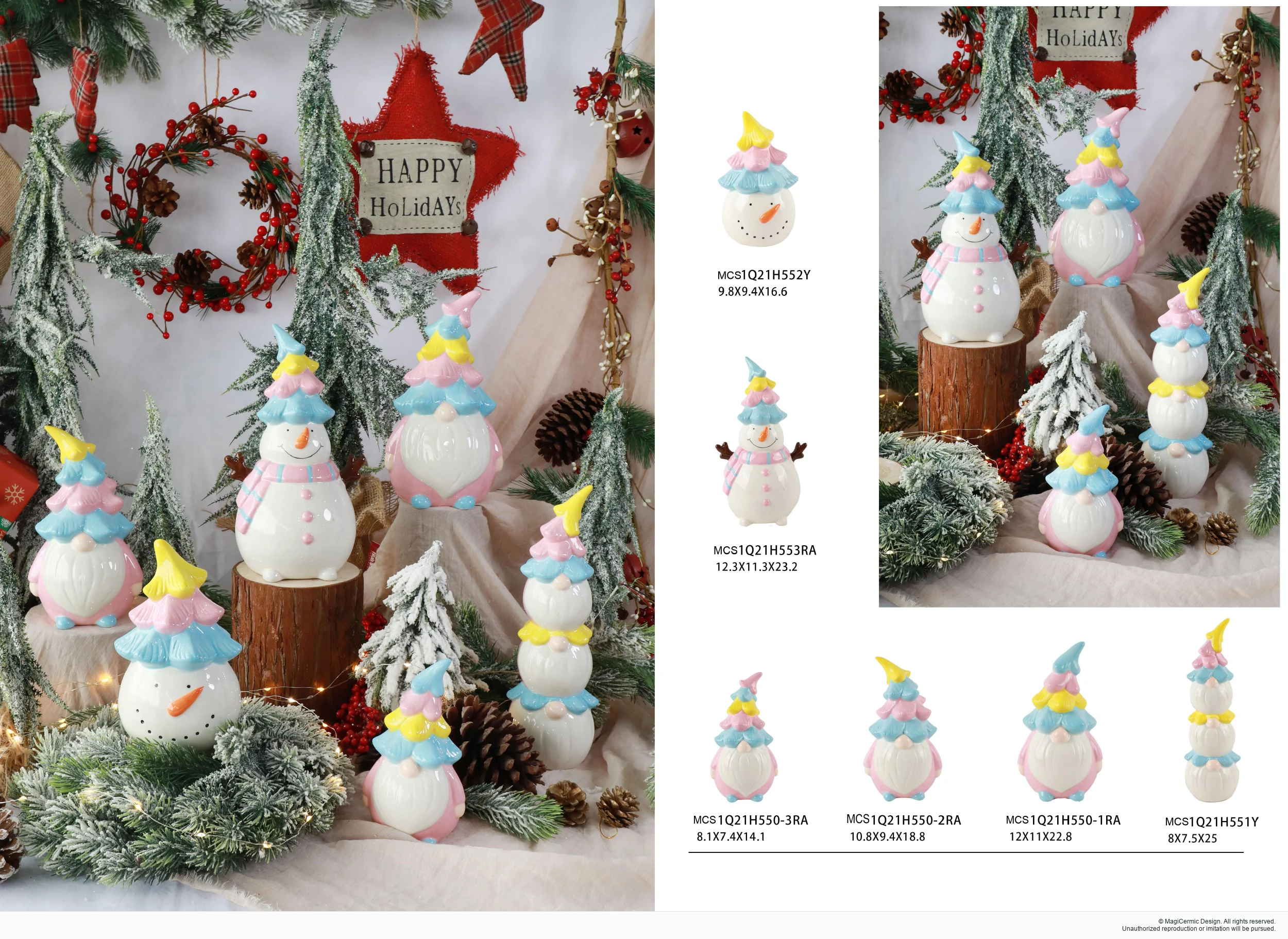 Pastel winter character figures in a complete MX33 Christmas collection display