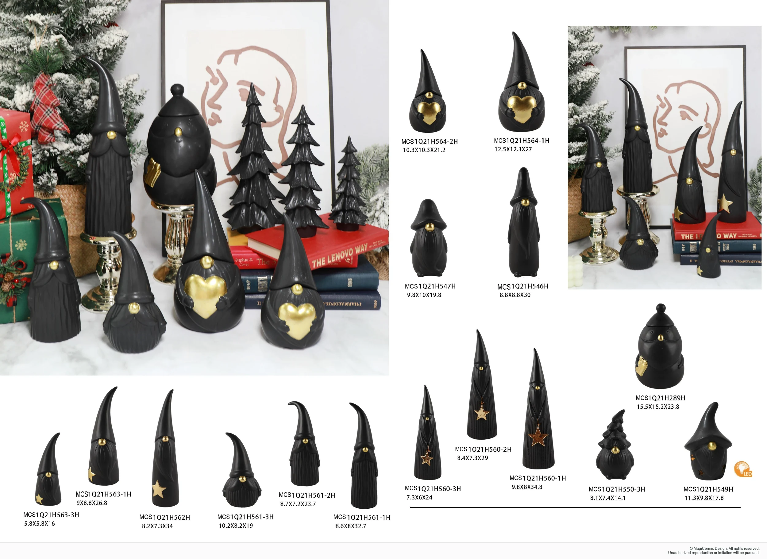 Black and gold gnome figures in a complete MX33 Christmas collection display