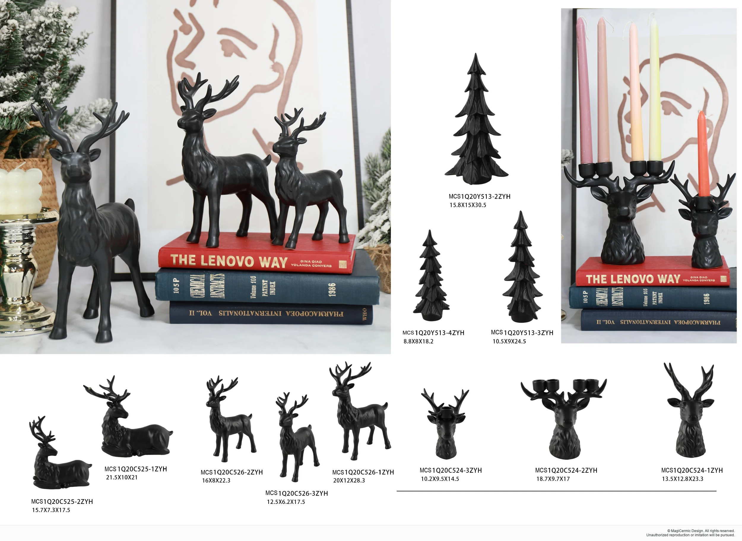 Black deer and tree ornaments in a complete MX33 Christmas collection display