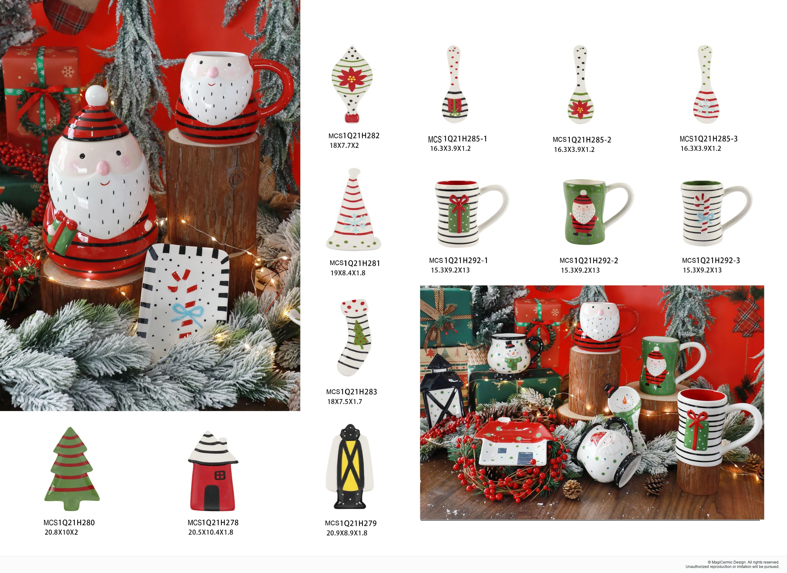 Red and green Christmas tabletop pieces in a complete MX33 Christmas collection display