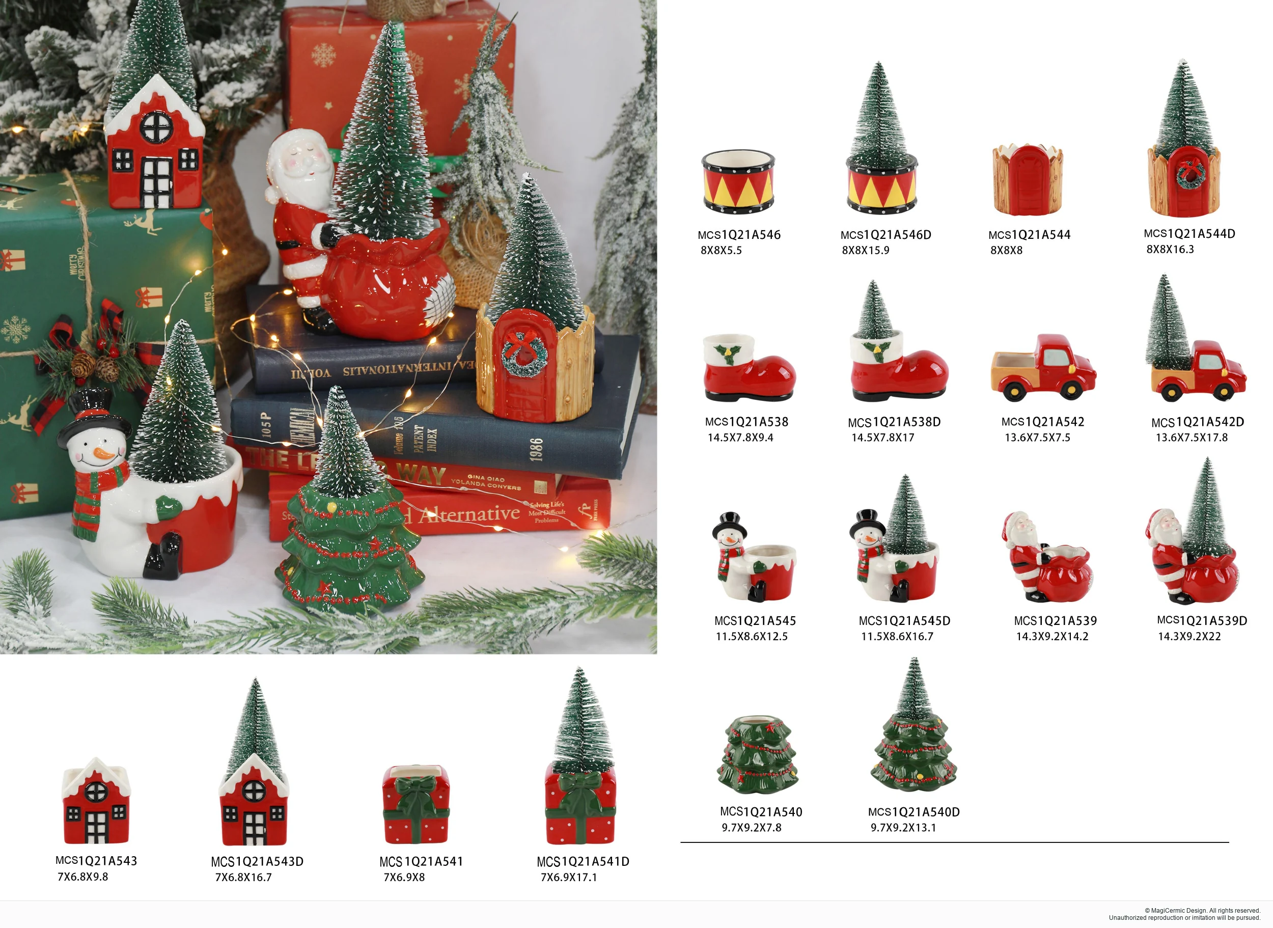 Red houses and green Christmas tree forms in a complete MX33 Christmas collection display