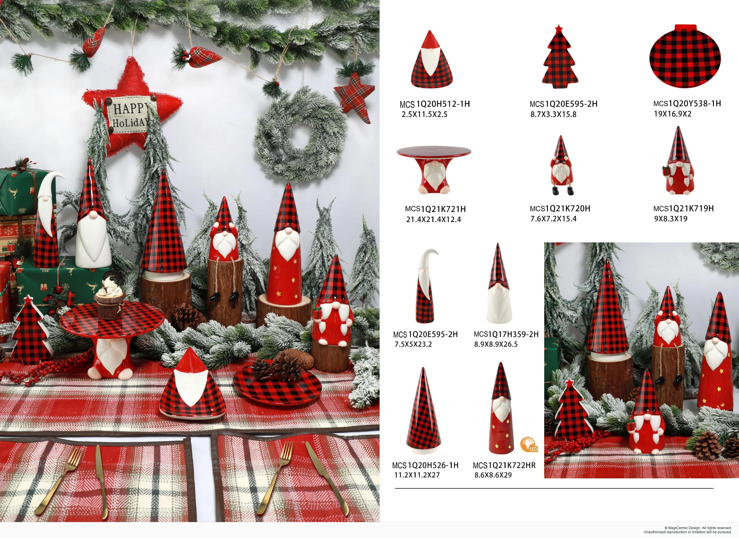 Red plaid winter figures and tabletop pieces in a complete MX33 Christmas collection display