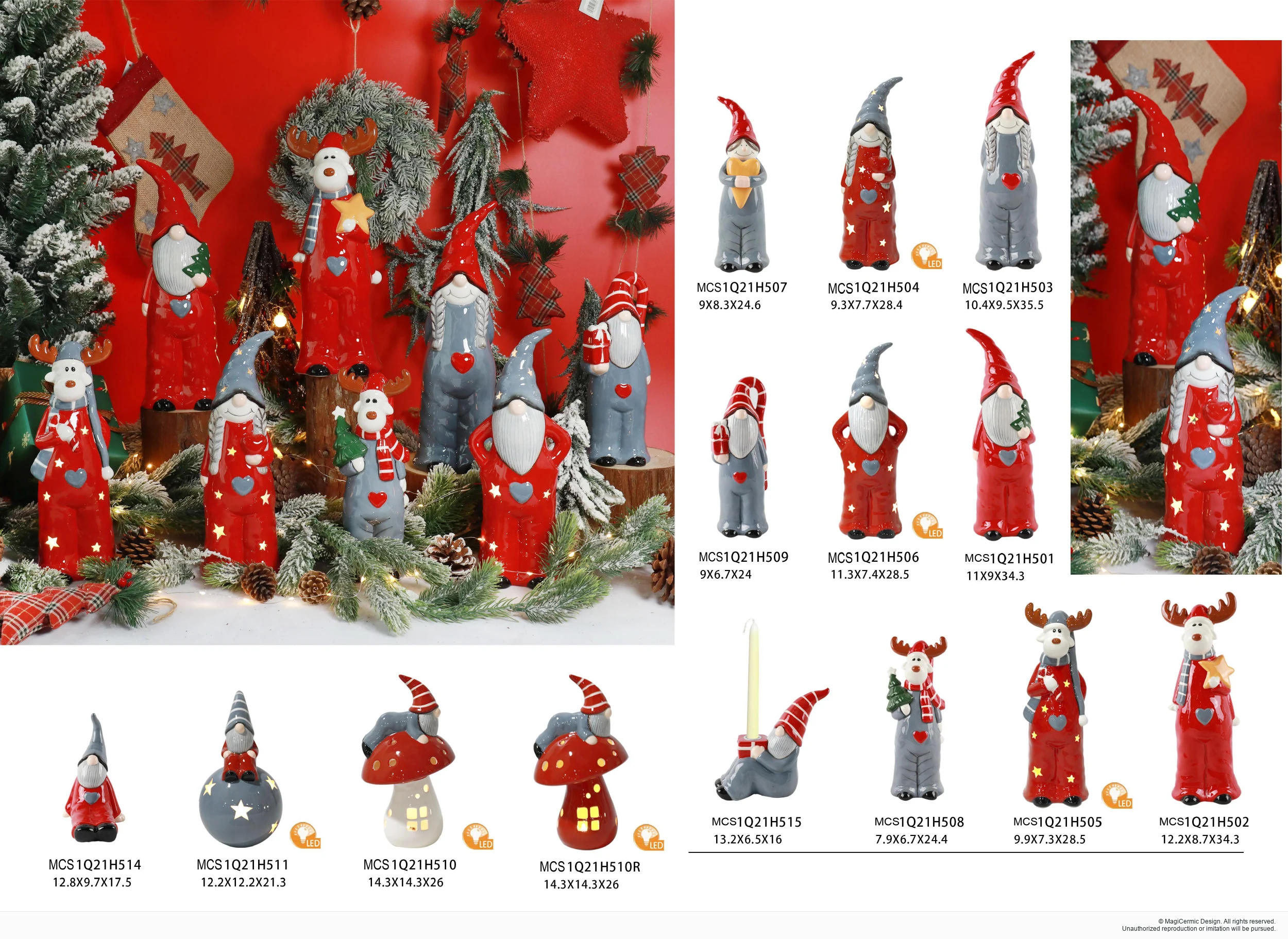 Tall red and grey winter figures in a complete MX33 Christmas collection display