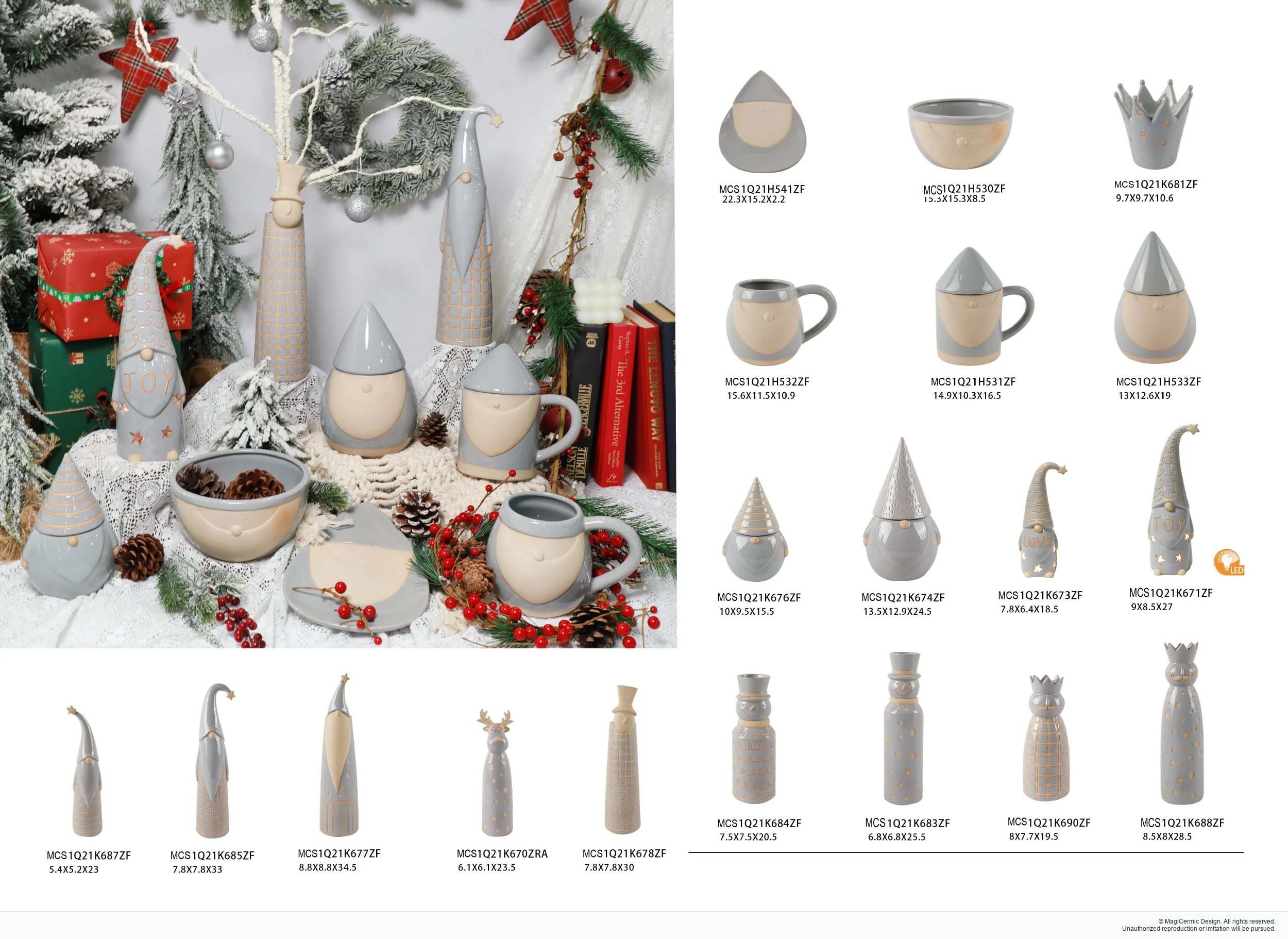 Pale tabletop pieces and winter figures in a complete MX33 Christmas collection display