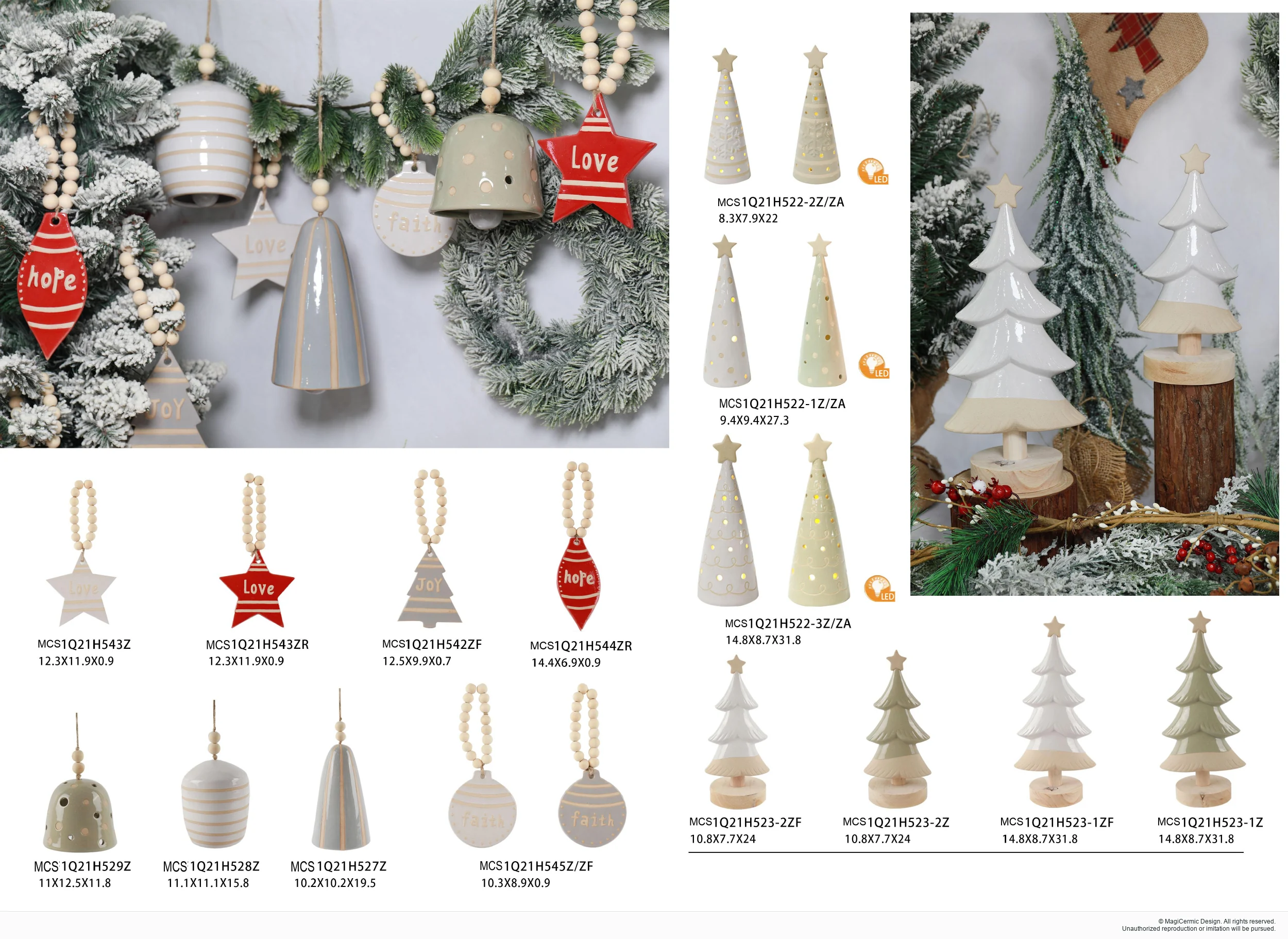Pale trees and hanging Christmas ornaments in a complete MX33 Christmas collection display