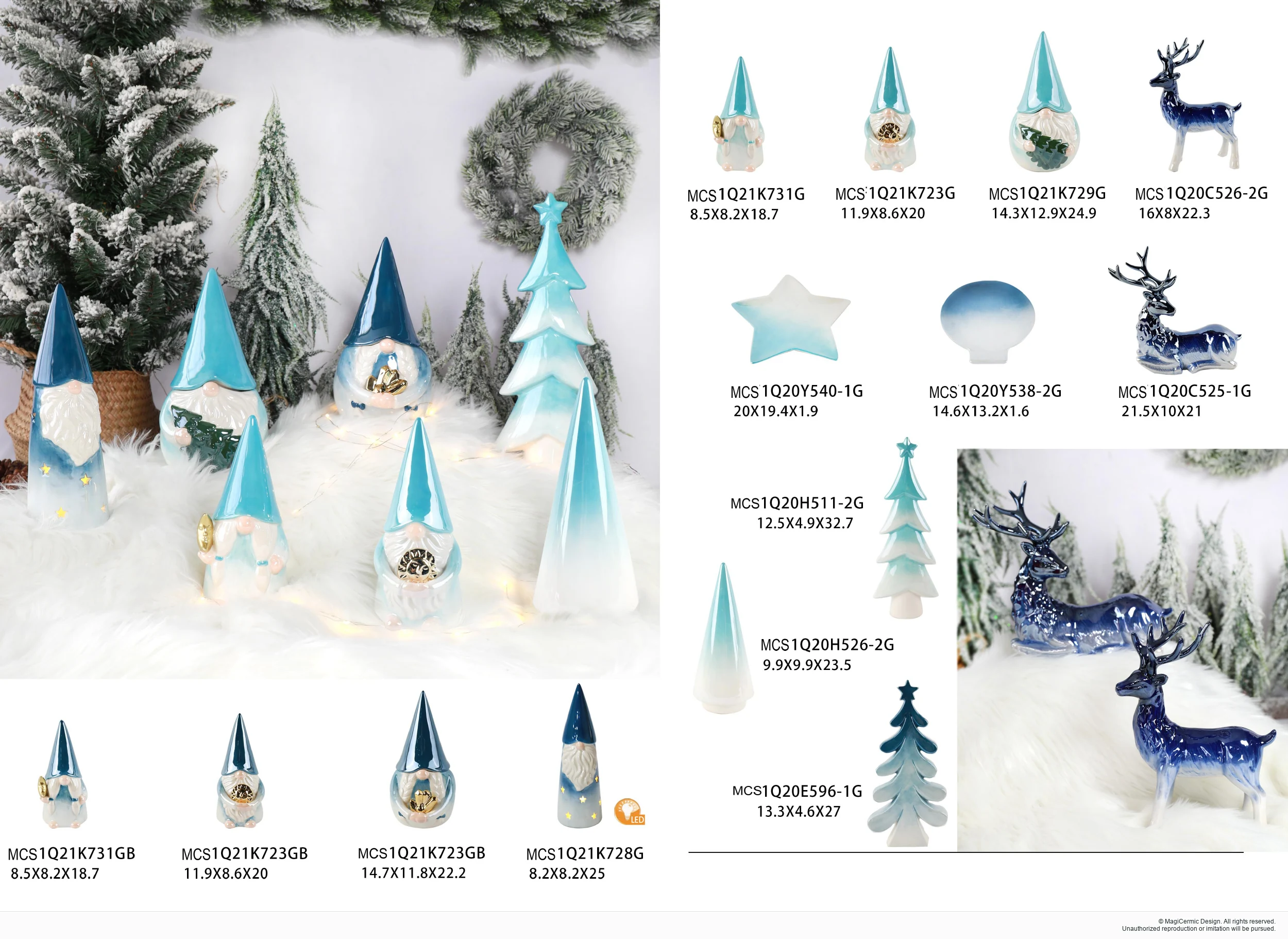 Blue deer trees and winter figures in a complete MX33 Christmas collection display