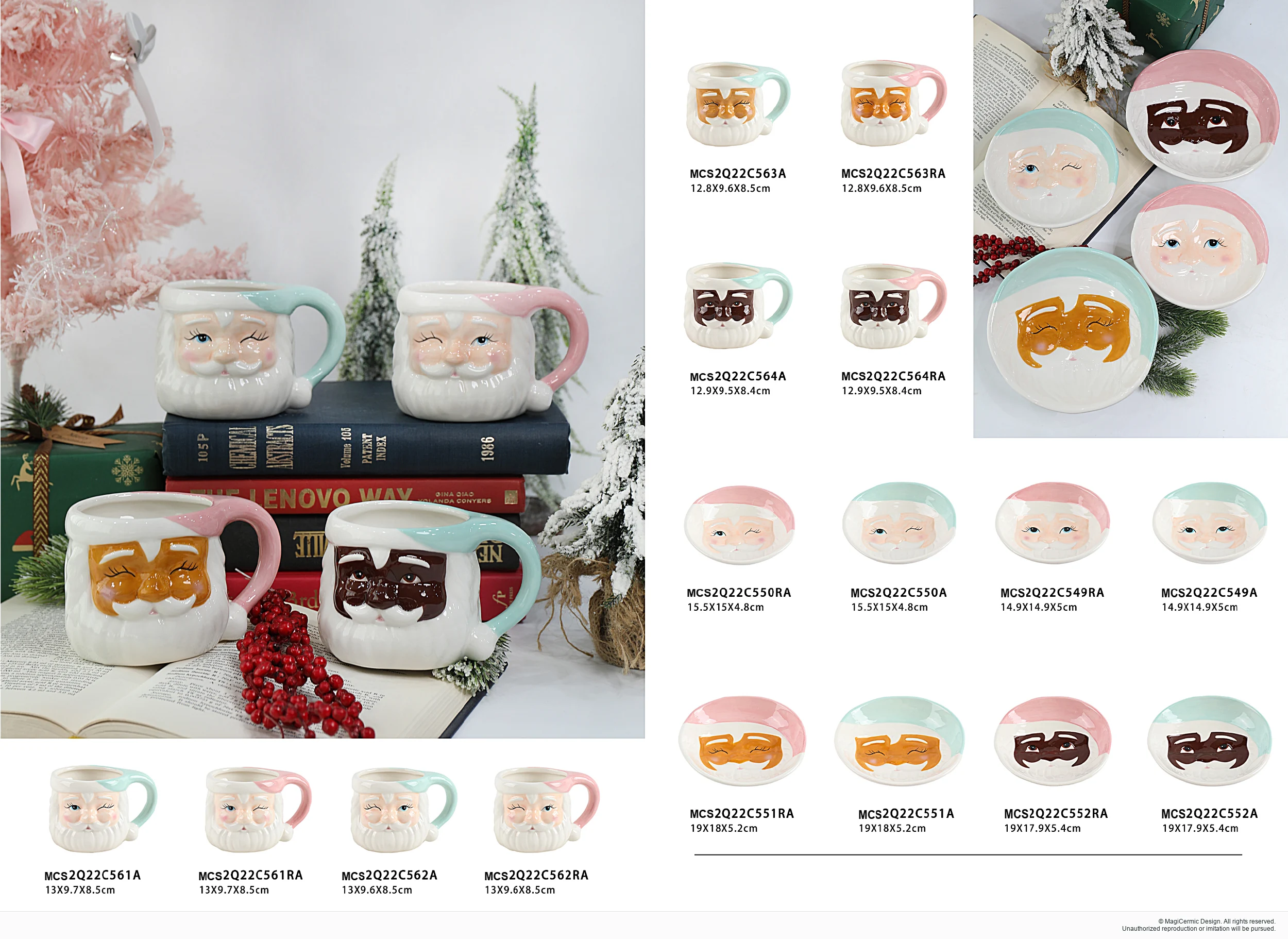 Character mugs and face dishes in a complete MX33 Christmas collection display
