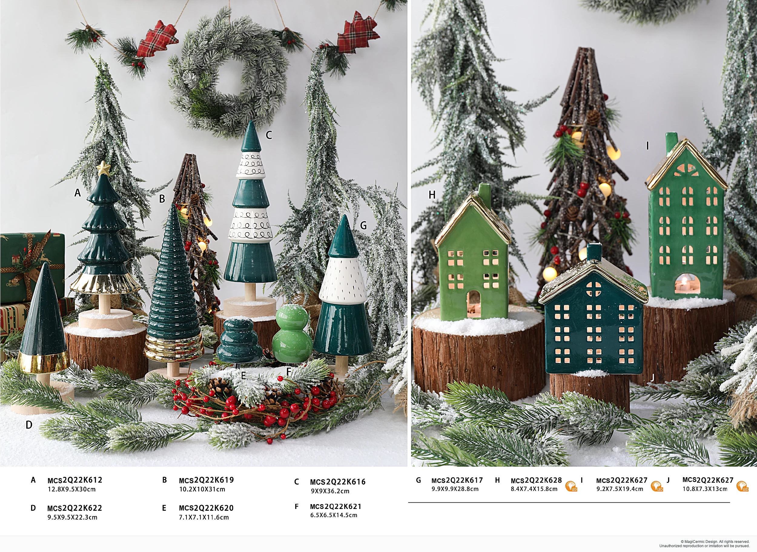 Green house forms and decorative trees in a complete MX33 Christmas collection display